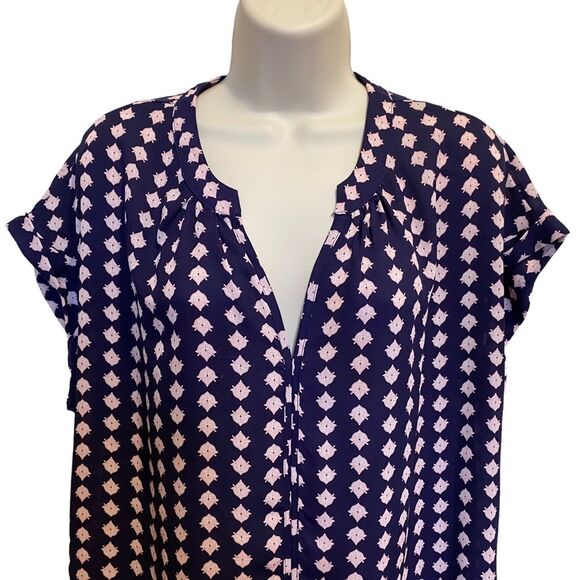 Pleione Pullover Split Neck Blouse Blue Pink Sz L - Picture 2 of 8